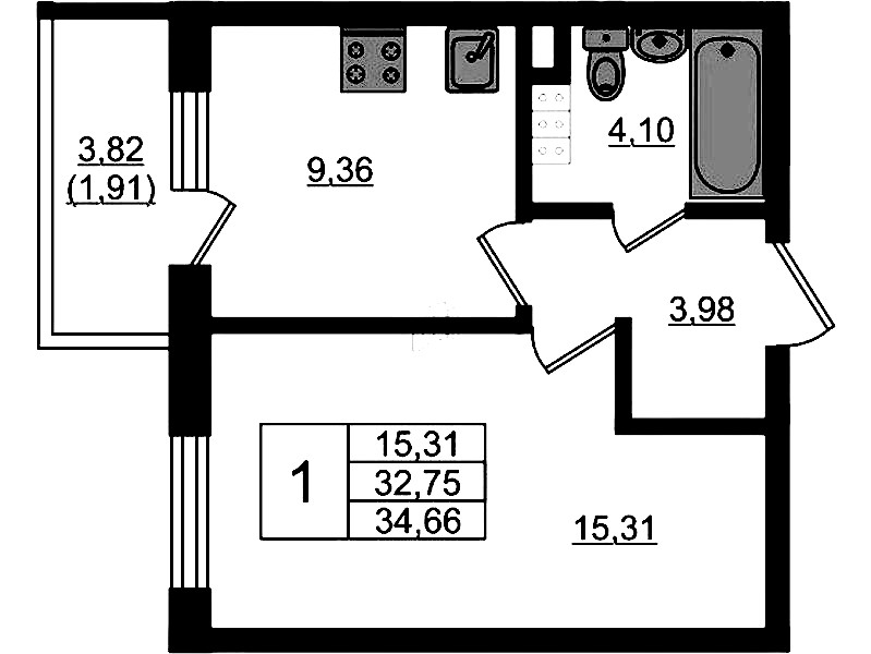 1-комнатная квартира 34.66 м², 4/4 эт., ЖК «Новая история»